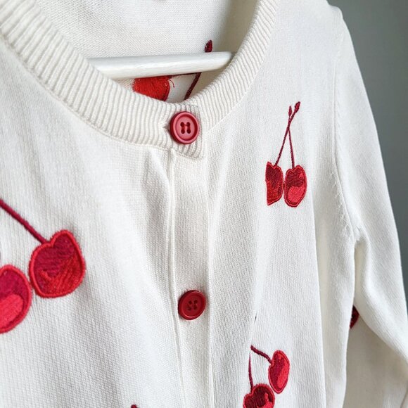 Cherry Embroidered Cardigan • White Knit Button-Up Sweater • S - Picture 3 of 6